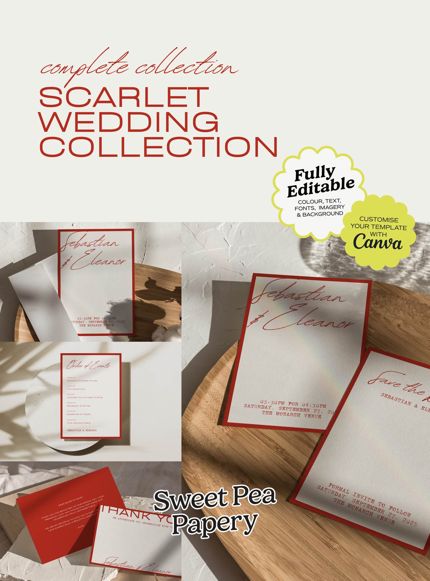 Scarlet Wedding Collection cover featuring a beautiful wedding stationery suite with save the dates, wedding vow and bridal vow designs, gift wedding stationery, canva templates, rsvps, the save the date layout and love for story styling for a wedding and wedding celebration.