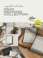 Onyx Wedding Collection cover featuring a beautiful wedding stationery suite with save the dates, wedding vow and bridal vow designs, gift wedding stationery, canva templates, rsvps, the save the date layout and love for story styling for a wedding and wedding celebration.