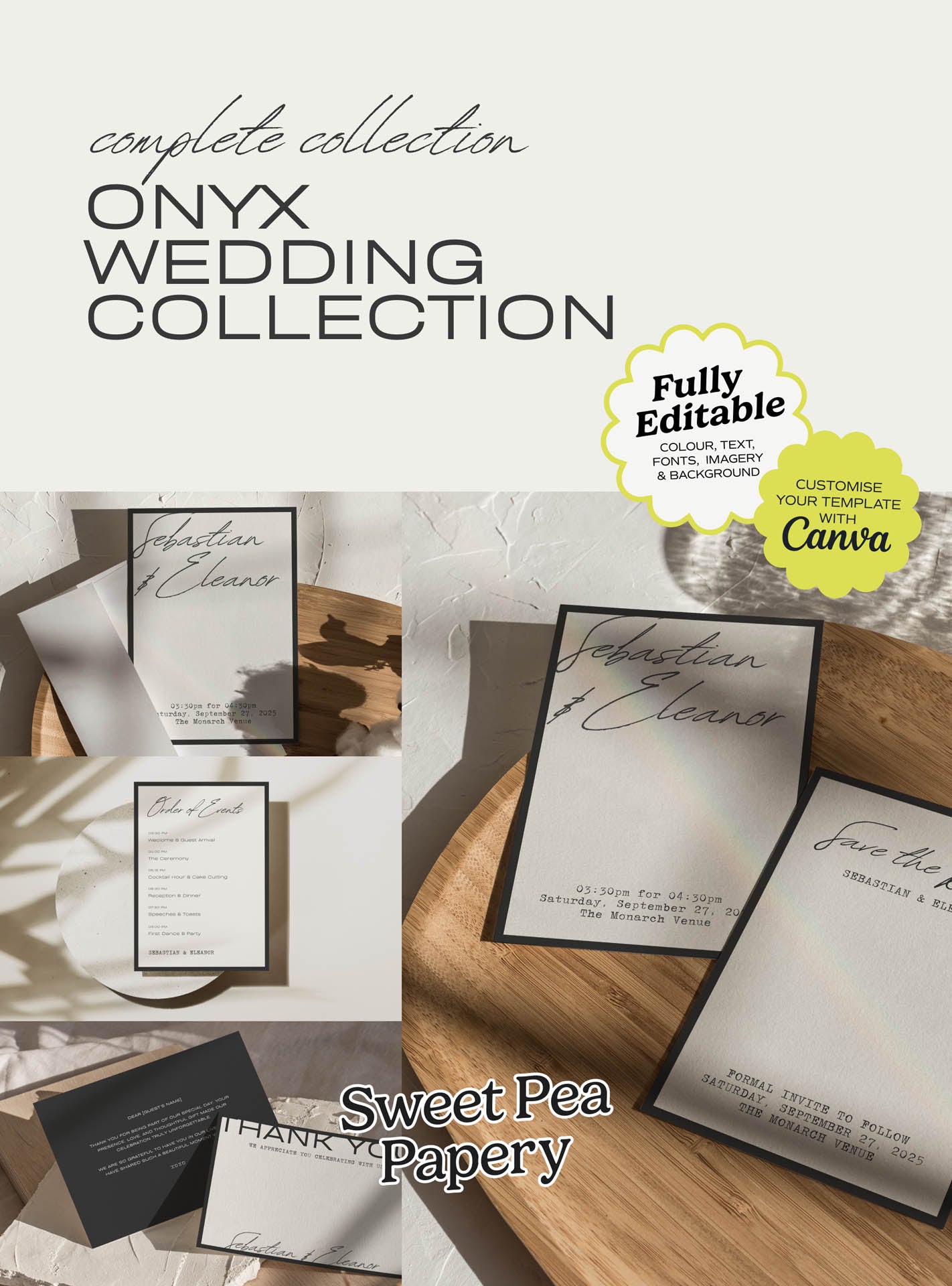 Onyx Wedding Collection cover featuring a beautiful wedding stationery suite with save the dates, wedding vow and bridal vow designs, gift wedding stationery, canva templates, rsvps, the save the date layout and love for story styling for a wedding and wedding celebration.
