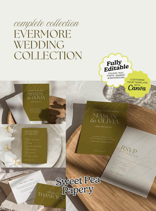 Evermore wedding collection cover image featuring beautiful wedding stationery, gift wedding design with save the dates, the save the date card, wedding vow details, bridal vow typography, canva templates and canva designs for a timeless wedding and wedding love for story