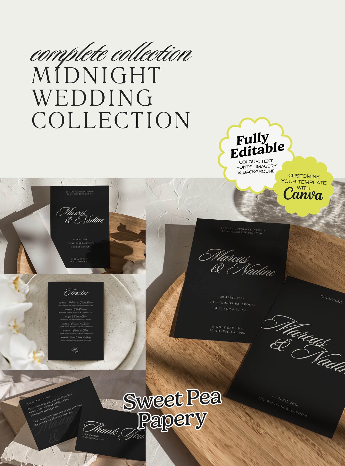 Midnight wedding collection cover image featuring beautiful wedding stationery, gift wedding design with save the dates, the save the date cards, wedding vow and bridal vow typography, rsvps, canva templates and canva designs for a modern wedding and wedding love for story