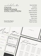 What’s included in the Onyx Wedding Collection displaying save the dates, rsvps, seating chart, menu cards and wedding vow pieces, a gift wedding stationery set designed for a beautiful wedding using canva templates and love for story styling.