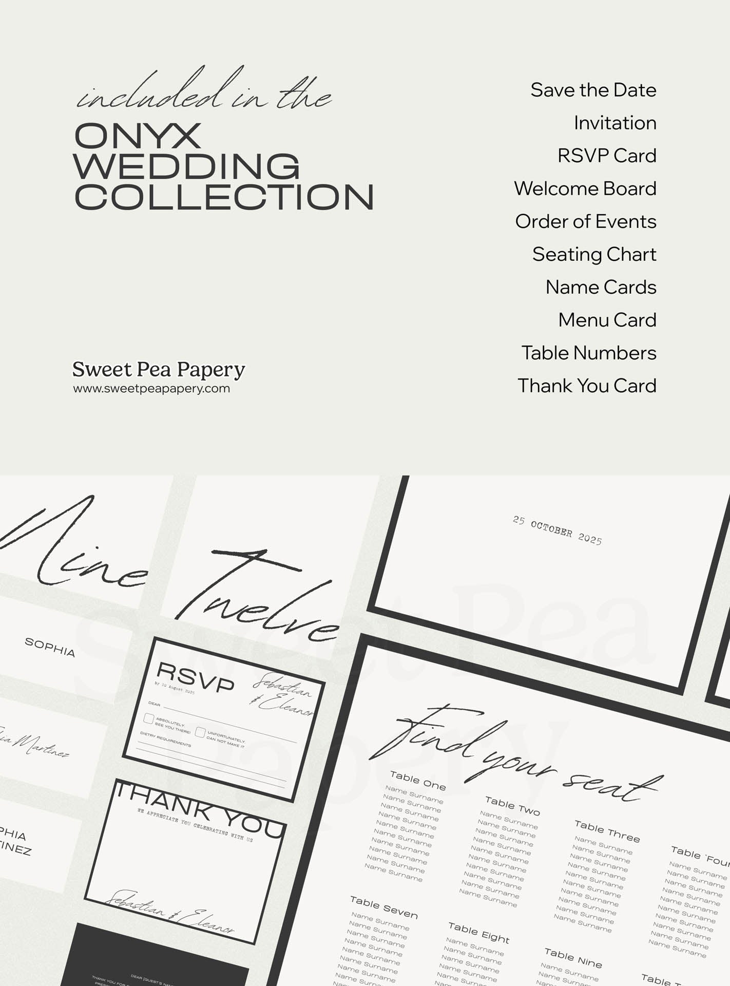 What’s included in the Onyx Wedding Collection displaying save the dates, rsvps, seating chart, menu cards and wedding vow pieces, a gift wedding stationery set designed for a beautiful wedding using canva templates and love for story styling.