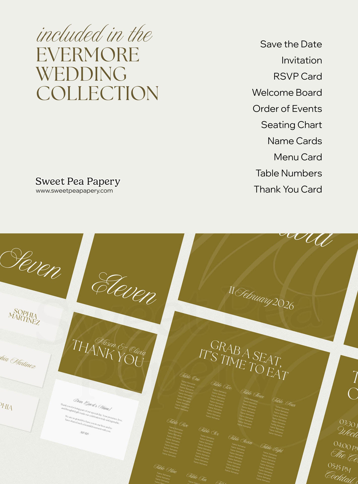 Evermore wedding collection whats included overview with save the dates, rsvps, wedding vow cards, bridal vow stationery, gift wedding templates, beautiful wedding designs, canva templates and canva designs for a complete wedding and wedding suite