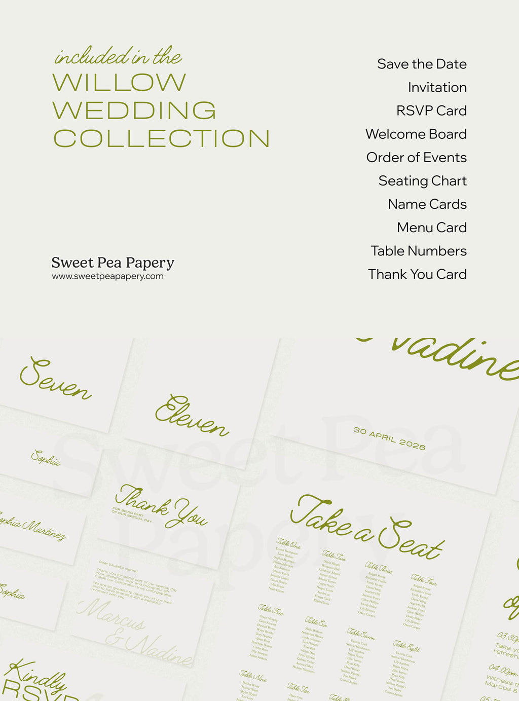 Willow wedding collection whats included overview showing save the dates, rsvps, wedding vow cards, bridal vow stationery, gift wedding templates, beautiful wedding designs, canva templates and canva designs from curated stationery stores
