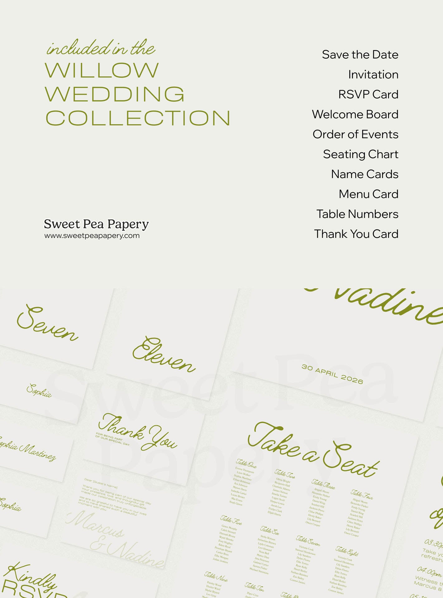 Willow wedding collection whats included overview showing save the dates, rsvps, wedding vow cards, bridal vow stationery, gift wedding templates, beautiful wedding designs, canva templates and canva designs from curated stationery stores