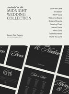 Midnight wedding collection whats included overview showing save the dates, rsvps, wedding vow stationery, bridal vow cards, gift wedding templates, beautiful wedding designs and canva templates from curated stationery stores