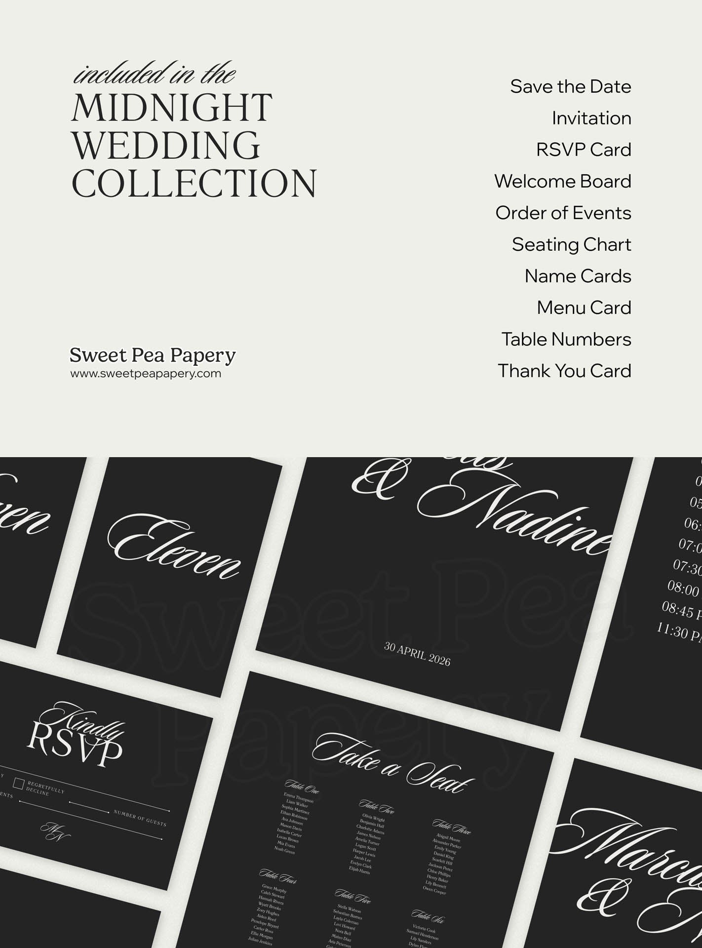 Midnight wedding collection whats included overview showing save the dates, rsvps, wedding vow stationery, bridal vow cards, gift wedding templates, beautiful wedding designs and canva templates from curated stationery stores