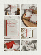 Scarlet Wedding Collection stationery grid flat lay featuring save the dates, wedding vow and bridal vow cards, rsvps, the save the date layouts, gift wedding stationery, canva designs and love for story details for a beautiful wedding day.