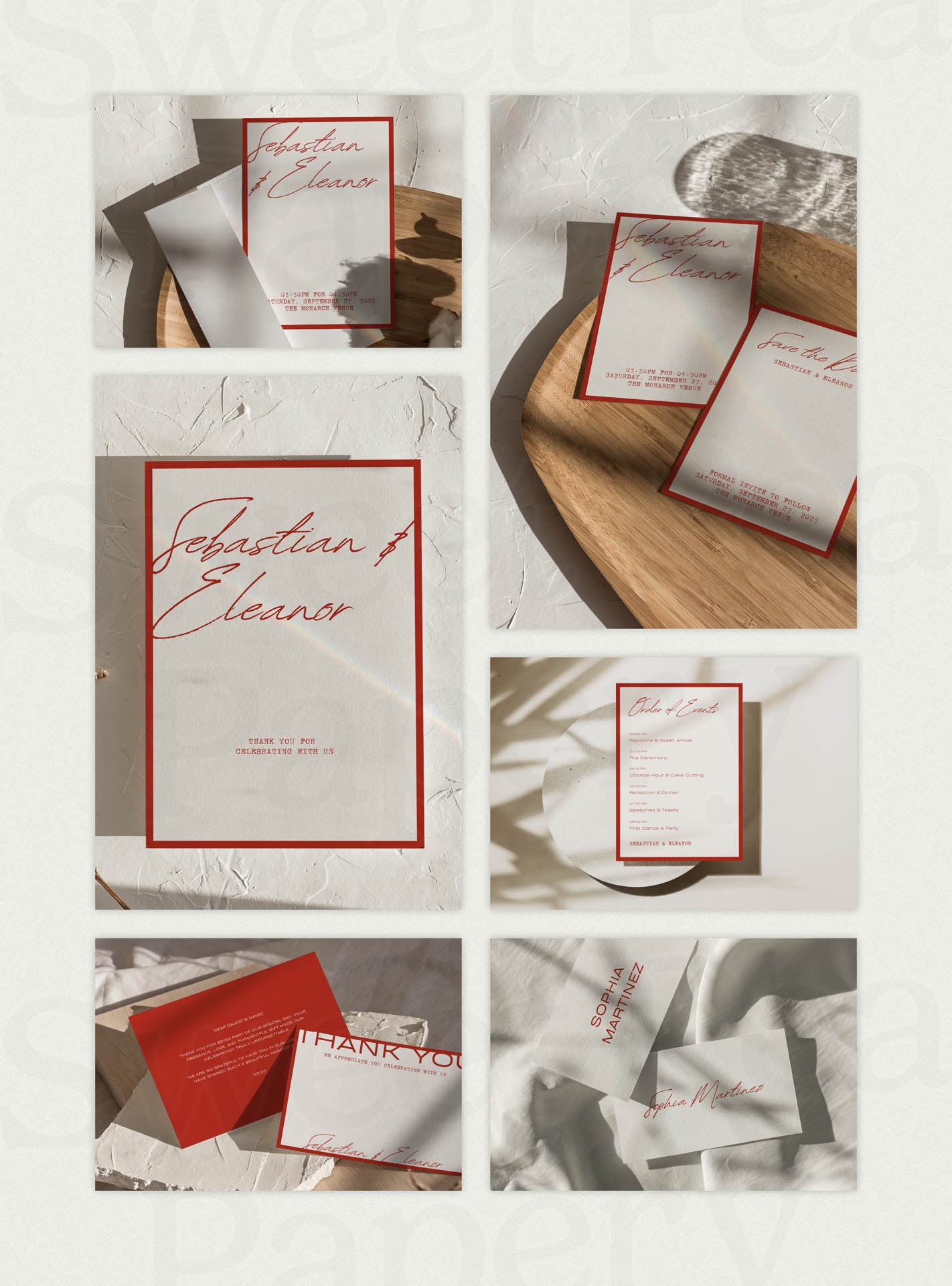 Scarlet Wedding Collection stationery grid flat lay featuring save the dates, wedding vow and bridal vow cards, rsvps, the save the date layouts, gift wedding stationery, canva designs and love for story details for a beautiful wedding day.