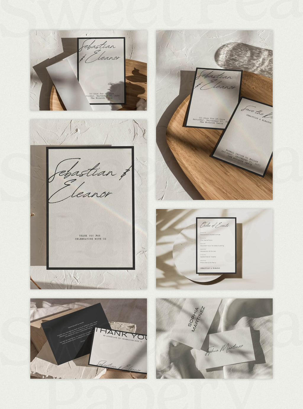 Onyx Wedding Collection stationery grid flat lay showing save the dates, wedding vow cards, bridal vow typography, rsvps, gift wedding stationery, canva designs and the save the date layouts styled for a beautiful wedding day.