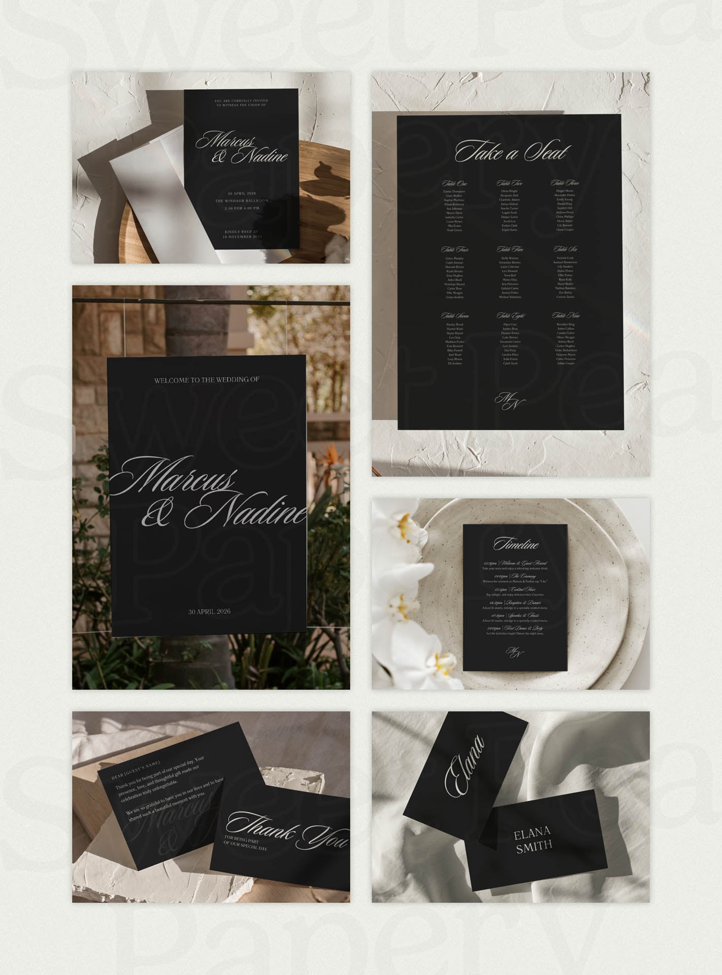 Midnight wedding stationery grid showcasing save the dates, save the date s, wedding vow cards, bridal vow layouts, rsvps, beautiful wedding stationery from premium stationery stores created with canva templates and canva designs