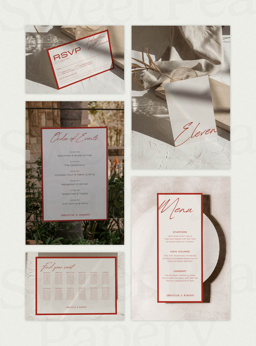 Wedding stationery grid from the Scarlet Wedding Collection displaying save the date cards, wedding vow designs, bridal vow typography, rsvps, gift wedding stationery and canva templates styled for a beautiful wedding and wedding celebration.