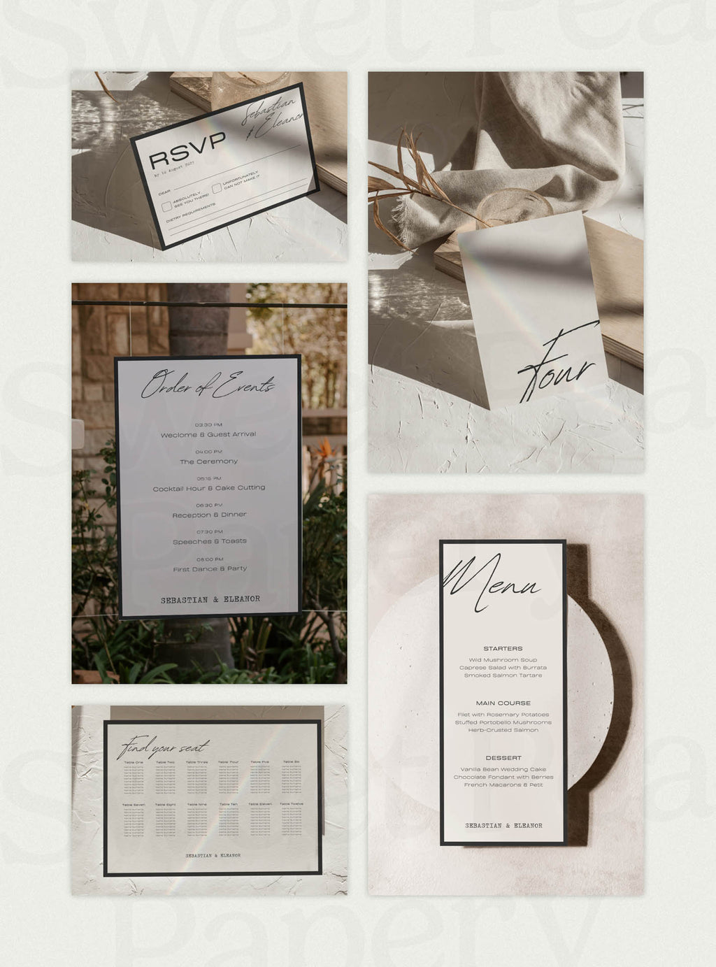 Elegant wedding stationery grid from the Onyx Wedding Collection featuring save the date cards, wedding vow designs, bridal vow details, rsvps, canva templates and gift wedding stationery for a beautiful wedding and wedding event.