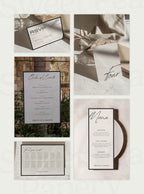 Elegant wedding stationery grid from the Onyx Wedding Collection featuring save the date cards, wedding vow designs, bridal vow details, rsvps, canva templates and gift wedding stationery for a beautiful wedding and wedding event.