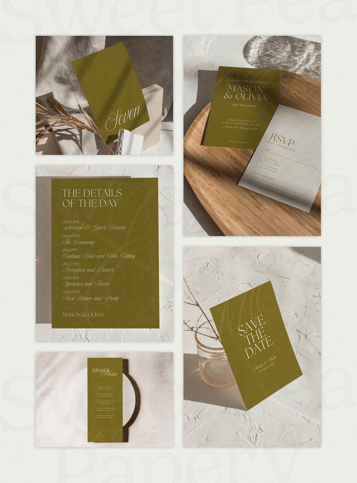 Wedding stationery grid featuring save the date save the date cards, the save the date designs, wedding vow and bridal vow layouts, rsvps, canva templates, canva designs, and beautiful wedding stationery from curated stationery stores