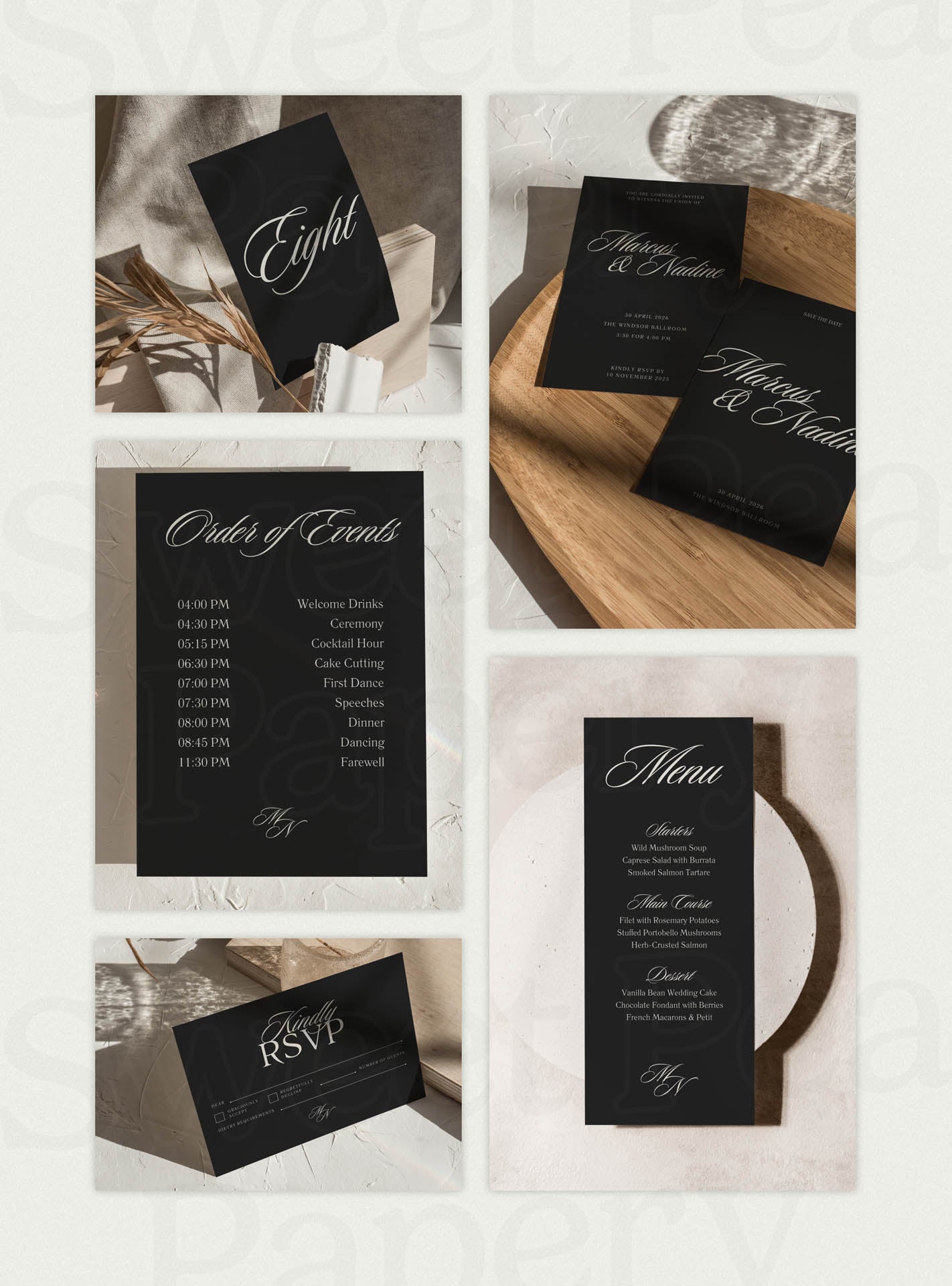 Wedding stationery grid featuring save the date save the date designs, the save the date cards, vow on wedding layouts, wedding vow typography, rsvps, beautiful wedding stationery and gift wedding templates made with canva templates