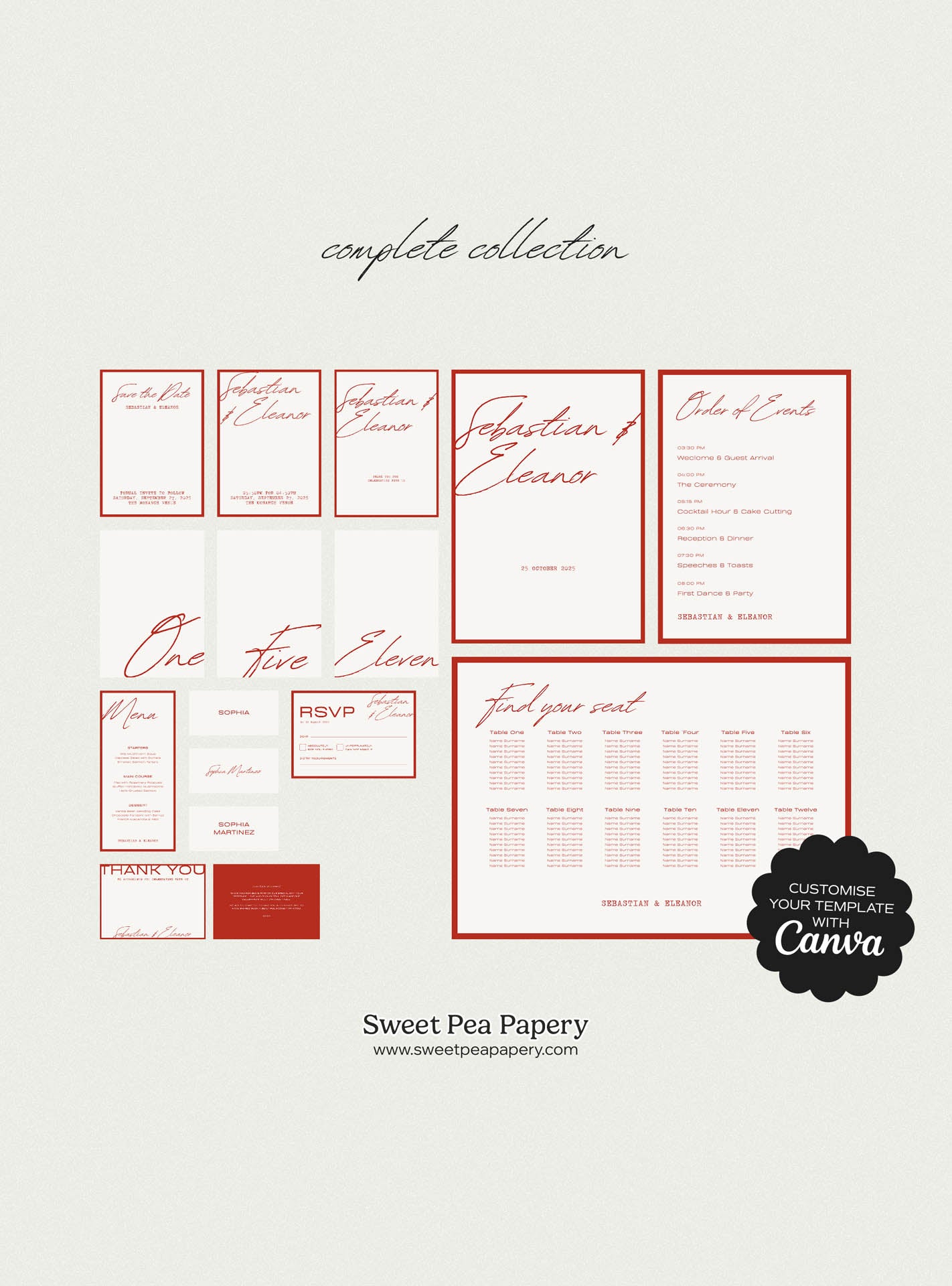 Complete Scarlet Wedding Collection showing all stationery pieces including save the dates, wedding vow cards, bridal vow designs, rsvps, seating chart and menu, a gift wedding stationery suite made with canva templates and love for story styling.