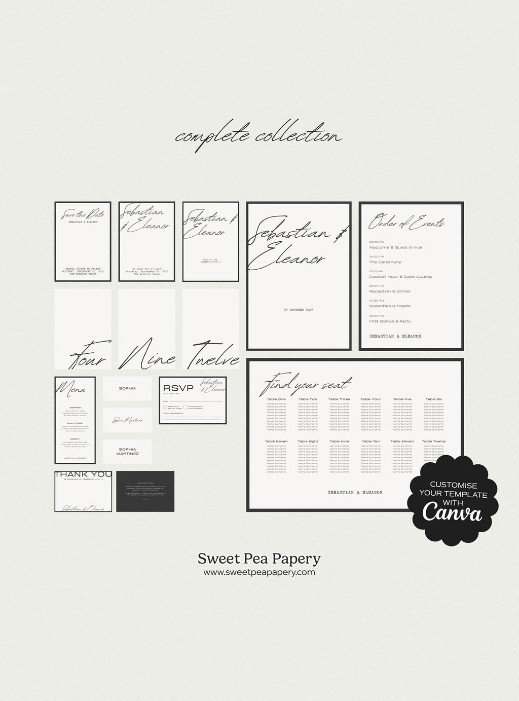Complete Onyx Wedding Collection showing all stationery pieces including save the dates, wedding vow cards, bridal vow designs, rsvps, seating chart and menu, a gift wedding stationery suite created with canva templates and the save the date layouts.