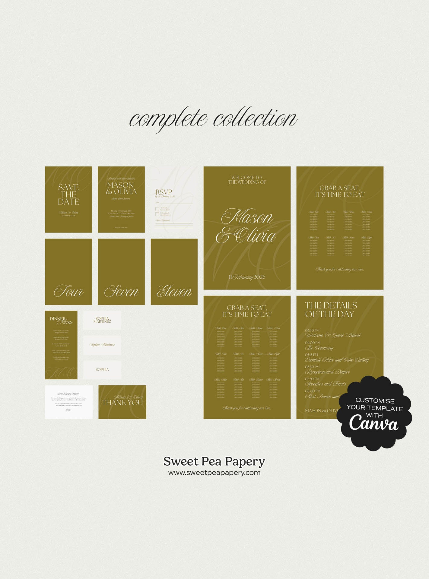 Complete Evermore wedding collection showing save the date s, the save the date cards, wedding vow stationery, bridal vow layouts, rsvps, gift wedding designs, canva templates and beautiful wedding stationery for wedding and wedding events