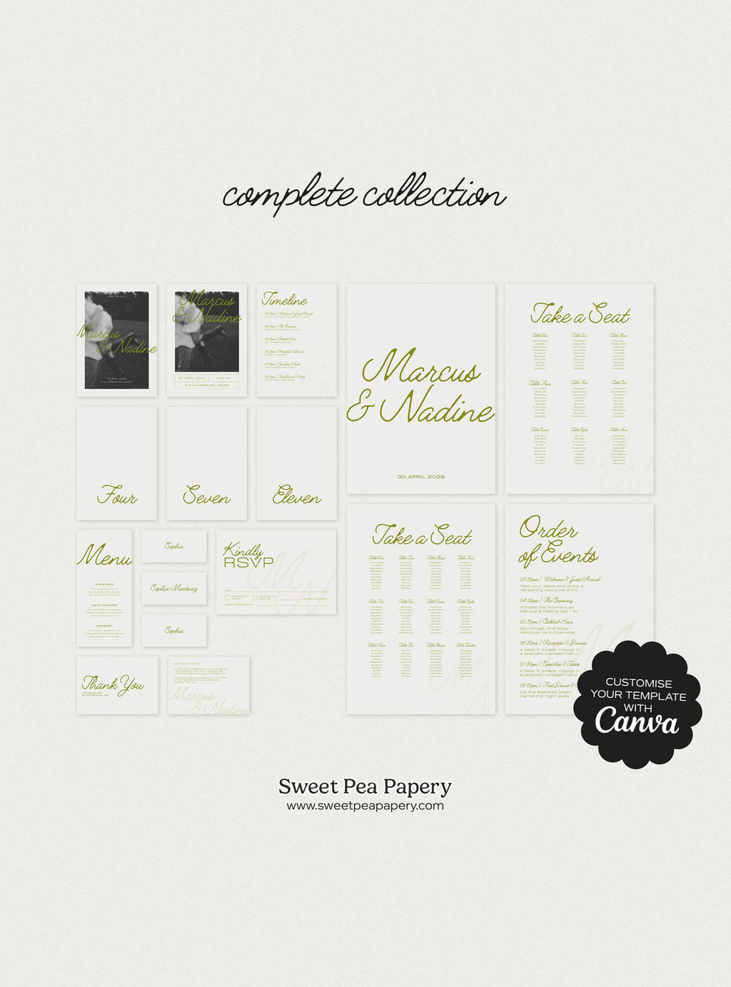 Complete Willow wedding collection displaying save the date s, the save the date cards, wedding vow stationery, bridal vow layouts, rsvps, gift wedding designs and beautiful wedding templates created with canva templates for wedding and wedding events