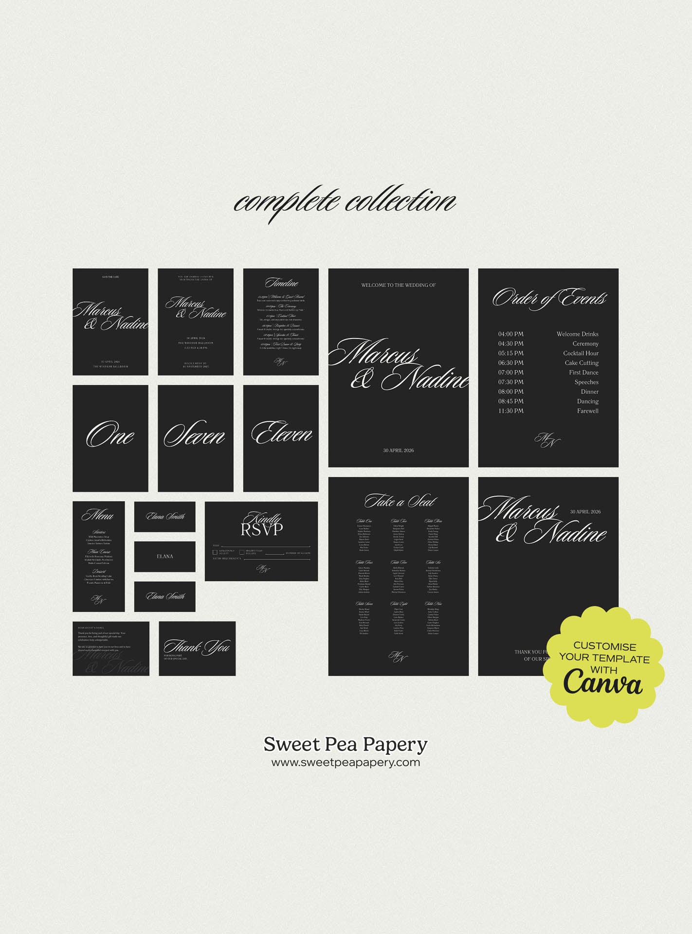 Complete Midnight wedding collection displaying save the date s, the save the date cards, wedding vow stationery, bridal vow layouts, rsvps, gift wedding designs and beautiful wedding templates created with canva designs for wedding and wedding events
