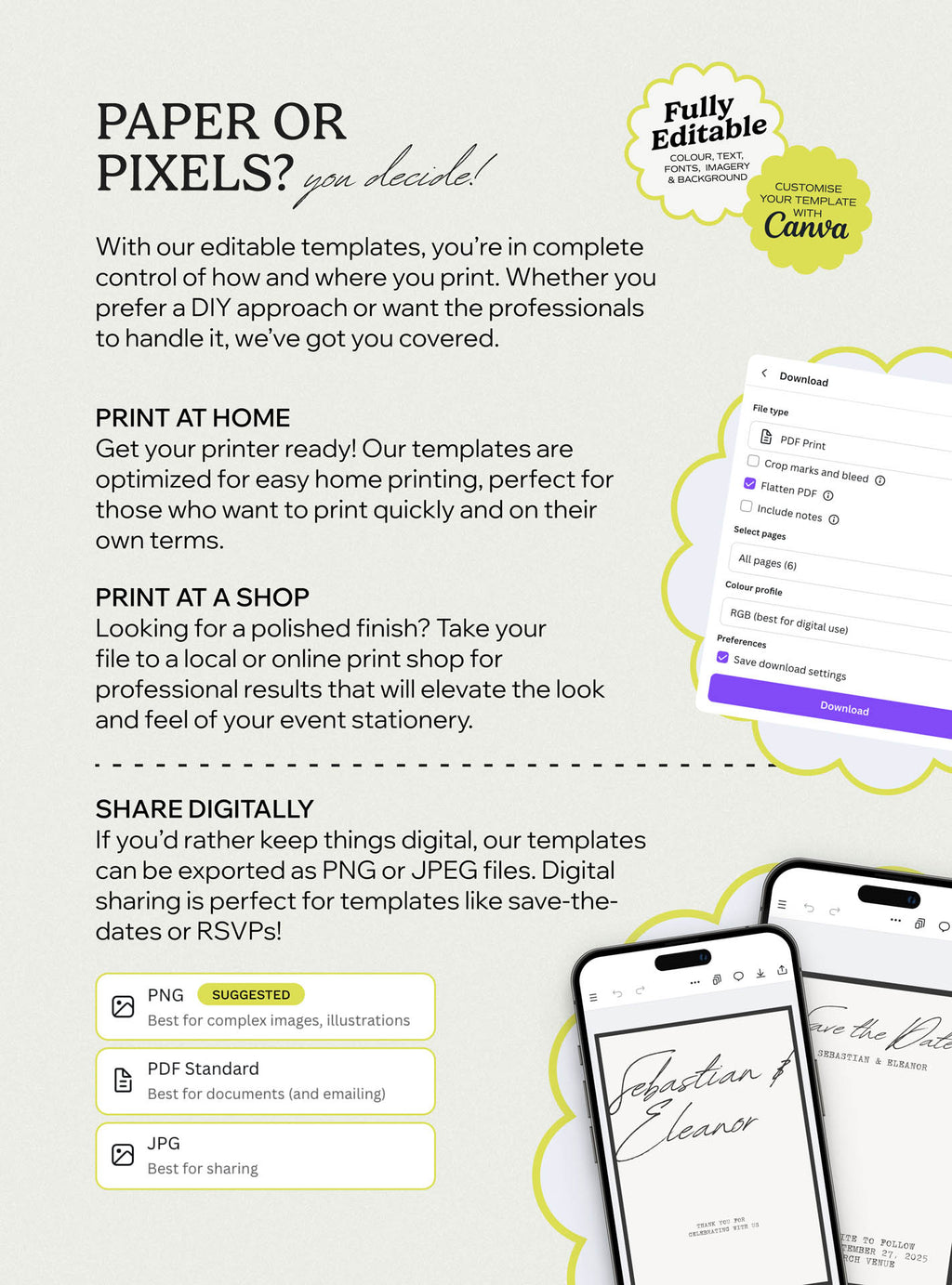 Paper or pixels wedding stationery option featuring save the dates, rsvps and wedding vow designs exported for print or digital sharing, a gift wedding stationery solution using canva templates and canva designs for a beautiful wedding day.