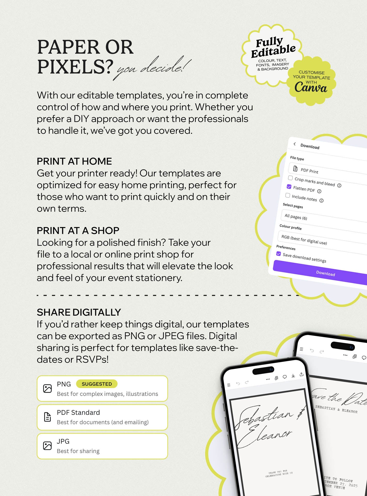 Paper or pixels wedding stationery option featuring save the dates, rsvps and wedding vow designs exported for print or digital sharing, a gift wedding stationery solution using canva templates and canva designs for a beautiful wedding day.