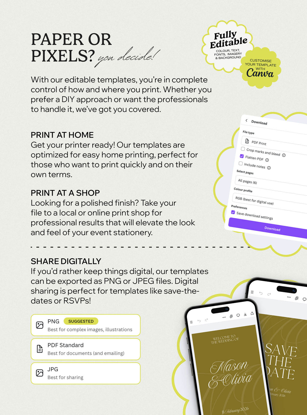 Paper or pixels wedding stationery options showing save the date cards, rsvps, wedding vow designs, bridal vow stationery, beautiful wedding templates created using canva templates and canva designs for gift wedding use