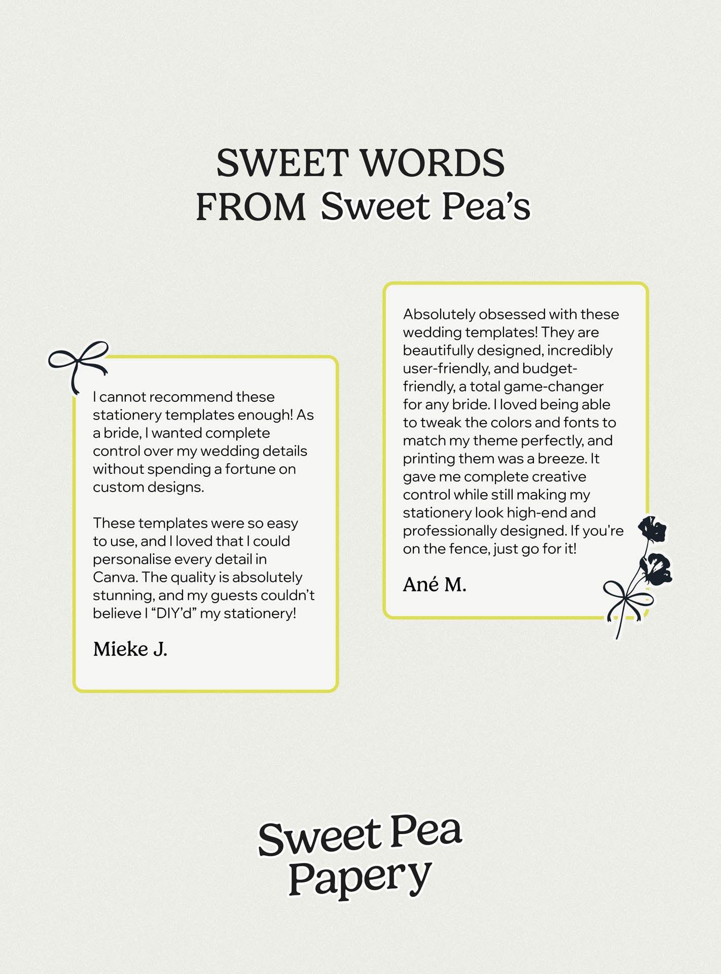 Customer testimonials for Scarlet Wedding Collection sharing experiences with beautiful wedding stationery, wedding vow templates, bridal vow designs, save the dates, rsvps and gift wedding canva templates loved by modern stationery store customers.