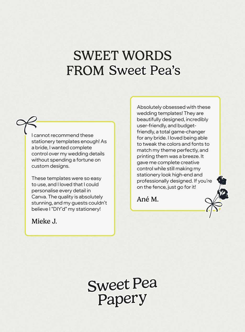 Customer testimonials for the Onyx Wedding Collection sharing experiences with beautiful wedding stationery, wedding vow templates, bridal vow designs, save the dates, rsvps and gift wedding canva templates from trusted stationery stores.