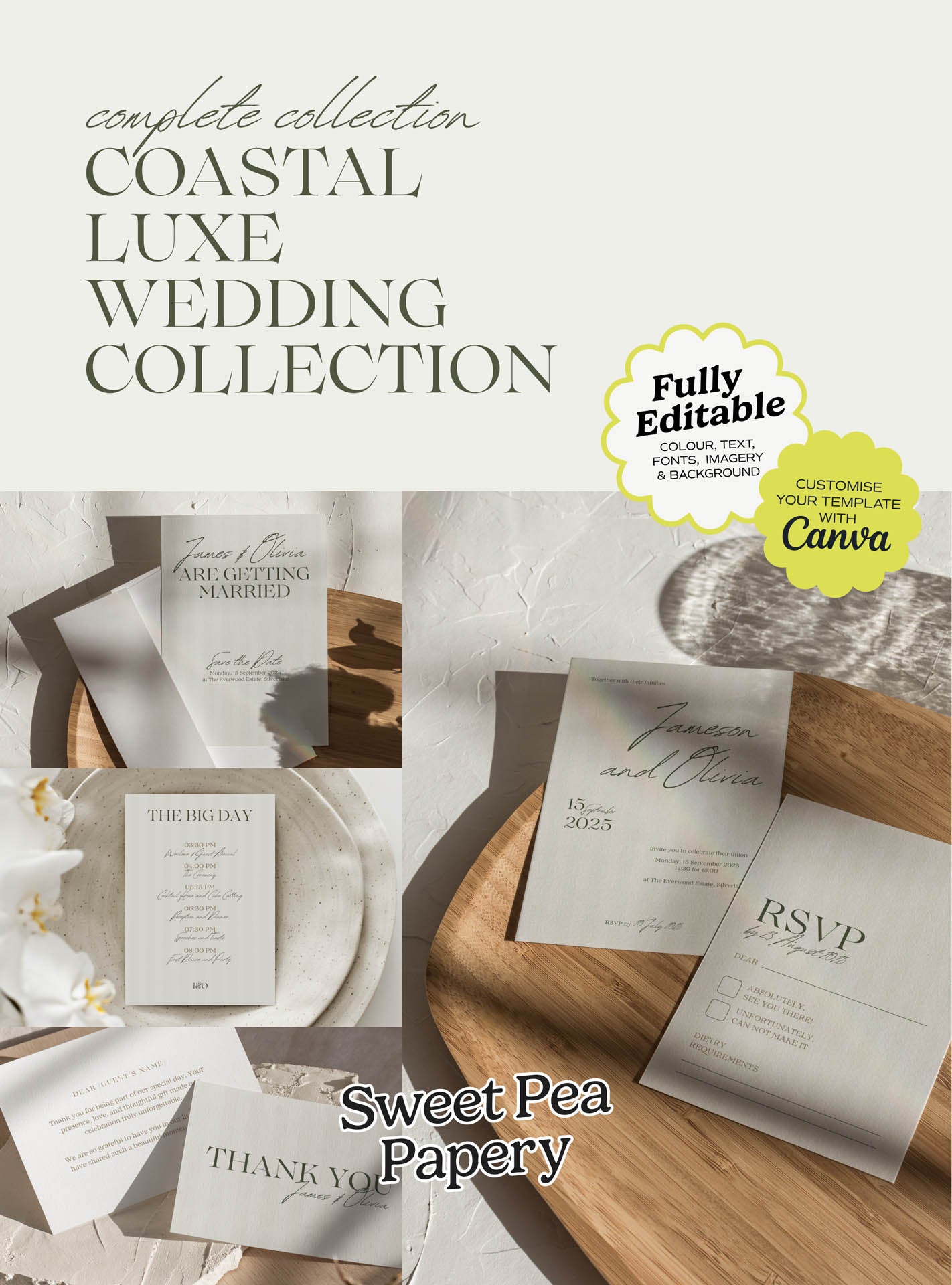 Coastal Luxe Wedding Collection featuring save the dates, beautiful wedding stationery, wedding vow and bridal vow designs, gift wedding templates, rsvps and the save the date cards, created as fully editable canva templates for a love for story wedding.