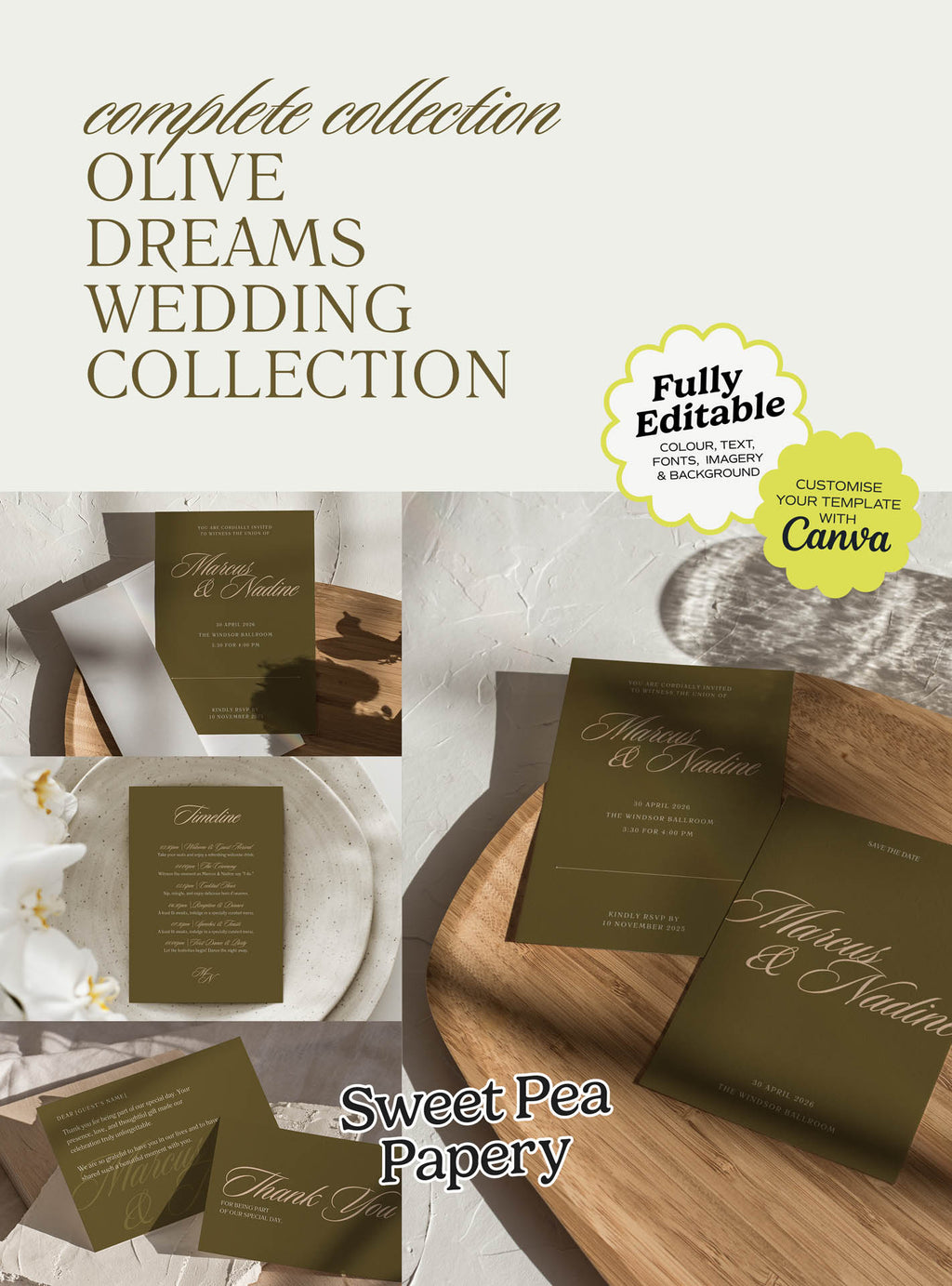 Olive Dreams wedding stationery collection for a beautiful wedding, featuring gift wedding designs, wedding vow and bridal vow details, save the dates and the save the date cards, created with canva templates and canvas designs for wedding and wedding celebrations with love for story.