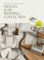Mocha Luxe Wedding Collection cover image featuring a beautiful wedding stationery set with save the dates, wedding vow cards, bridal vow details, rsvps and elegant gift wedding designs, created as editable canva templates and canvas designs for wedding and wedding celebrations.