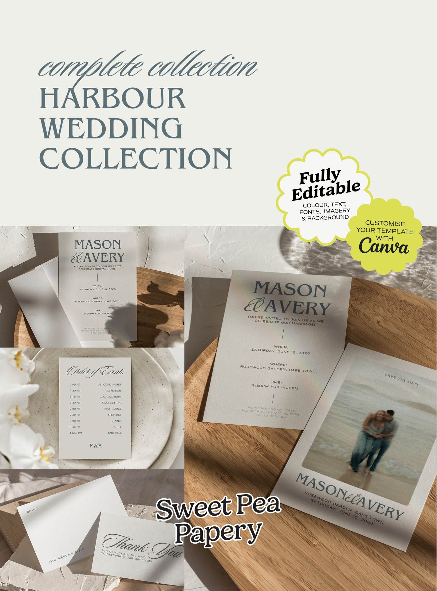 Harbour Wedding Collection cover image featuring a beautiful wedding stationery suite with save the dates, wedding vow cards, bridal vow details and rsvps, designed as canva templates and canvas designs for a gift wedding, love for story, and the save the date moments