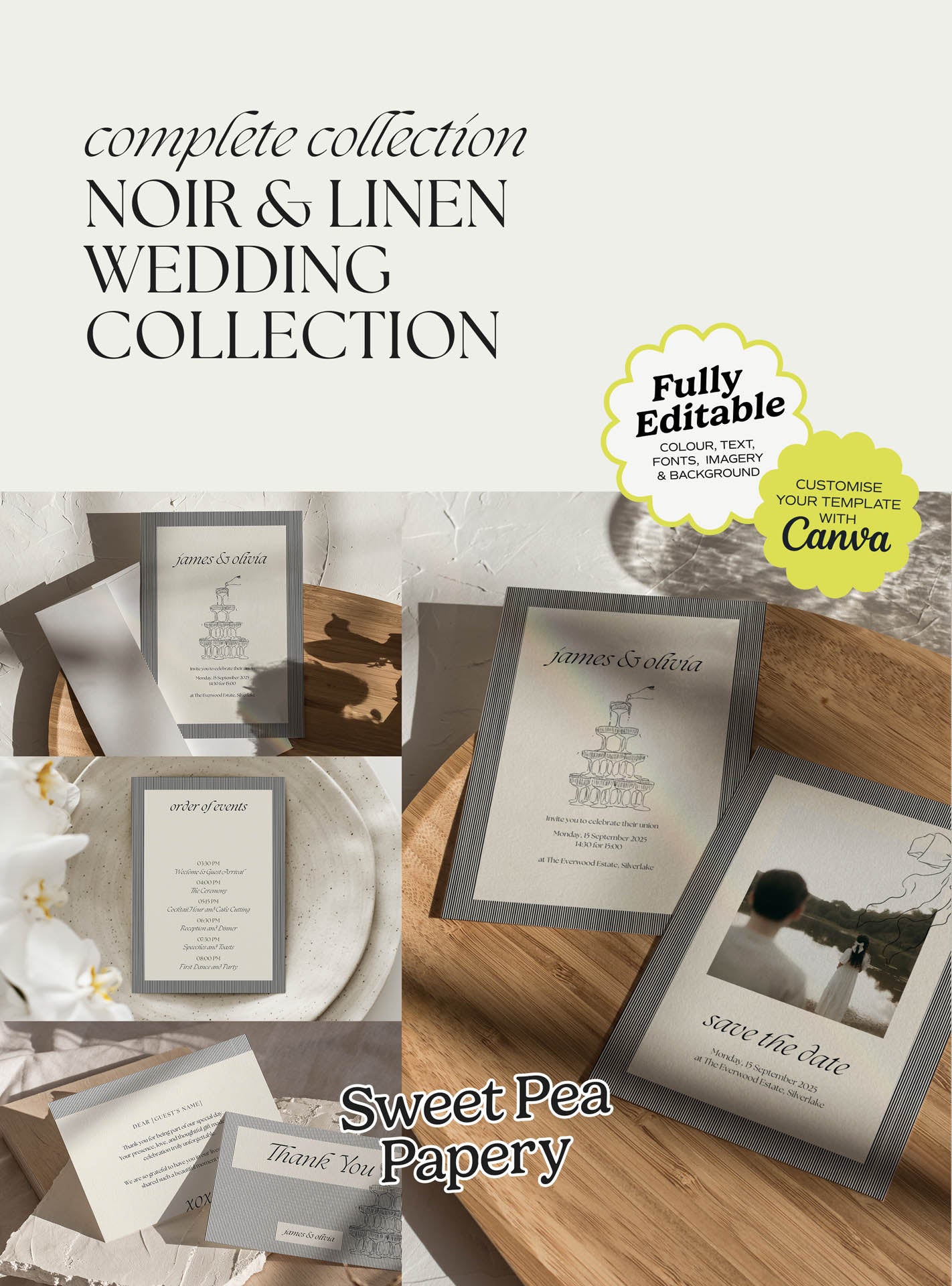 Noir & Linen Wedding Collection cover image featuring a beautiful wedding stationery suite with save the dates, wedding vow and bridal vow designs, rsvps and elegant gift wedding details, created with canva templates and canvas designs for wedding and wedding celebrations with love for story.