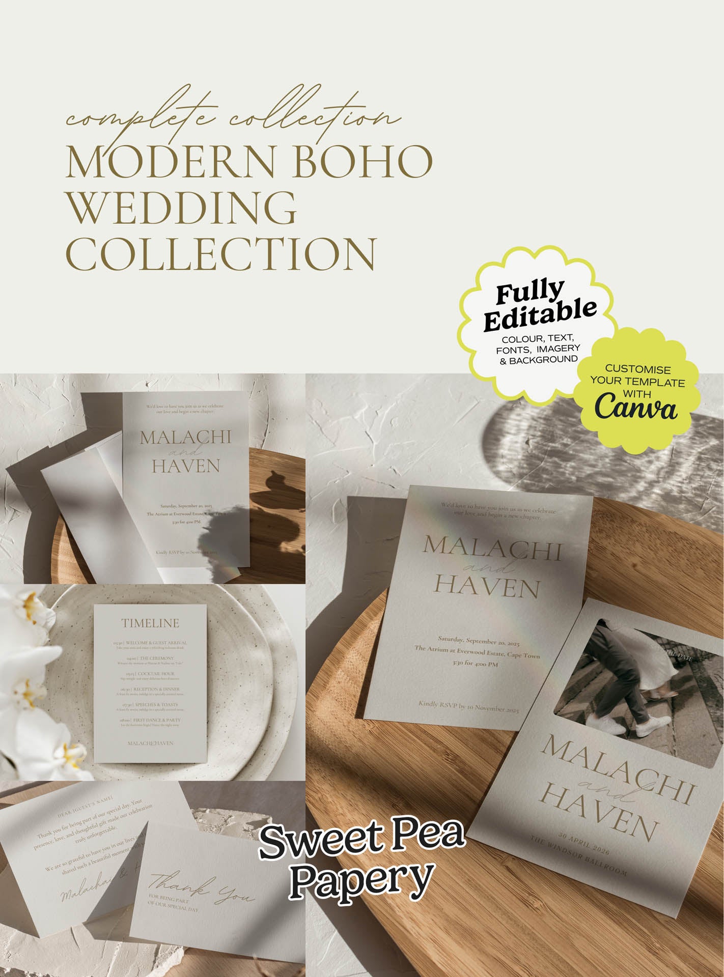 Modern Boho Wedding Collection cover image featuring a beautiful wedding stationery suite with save the dates, wedding vow and bridal vow designs, rsvps and elegant gift wedding details, created with canva templates and canva designs for wedding and wedding celebrations with love for story.