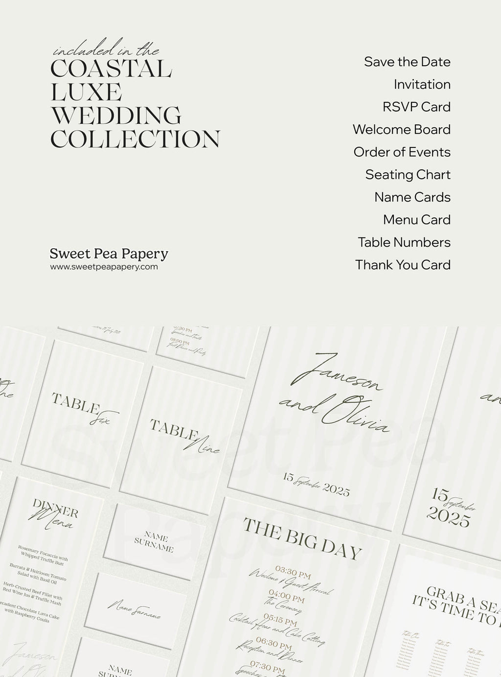 Complete beautiful wedding stationery set showing save the dates, rsvps, wedding vow cards and bridal vow pieces, part of a gift wedding collection designed for wedding and wedding celebrations, the save the date suite and canva templates.