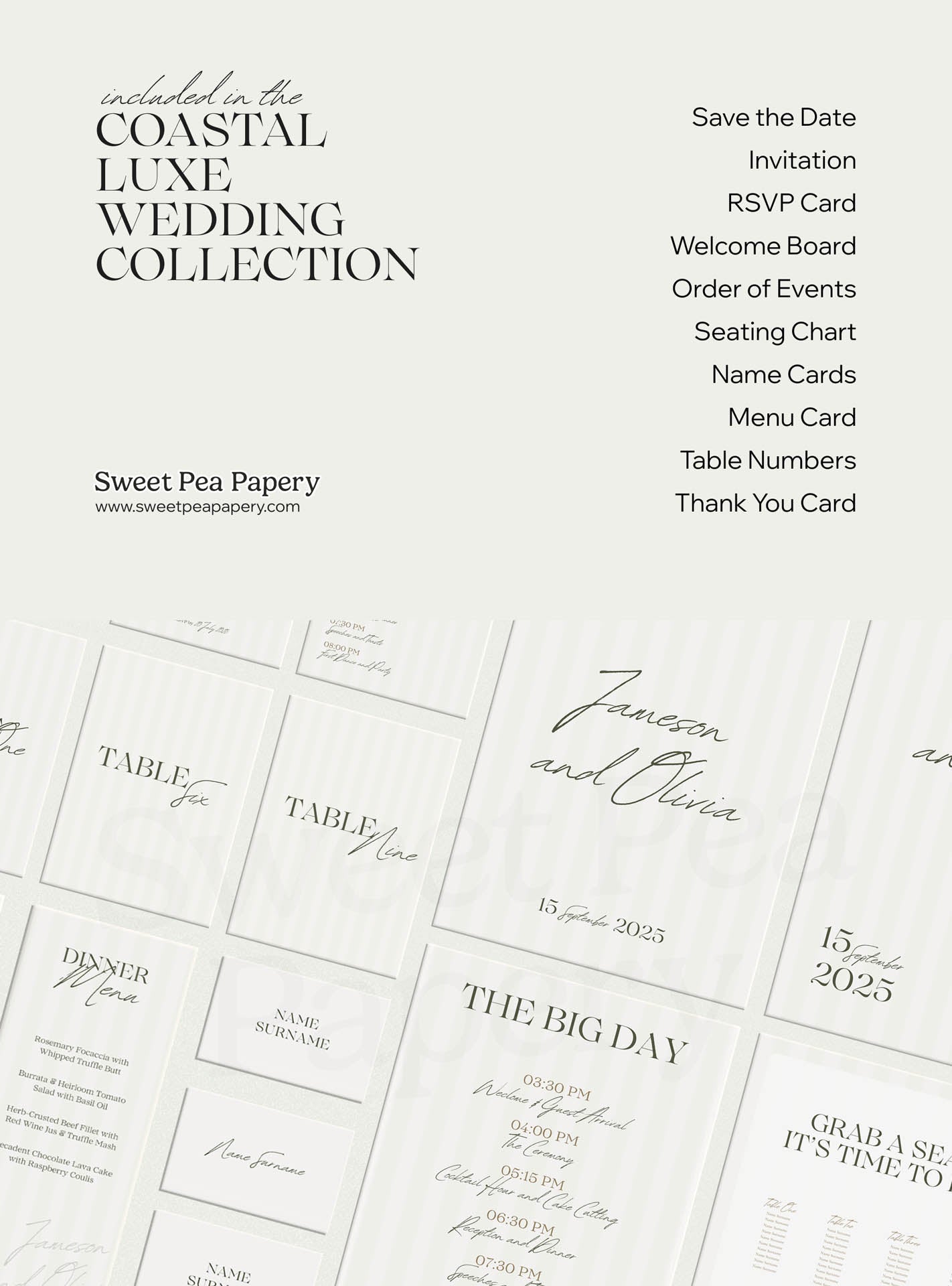 Complete beautiful wedding stationery set showing save the dates, rsvps, wedding vow cards and bridal vow pieces, part of a gift wedding collection designed for wedding and wedding celebrations, the save the date suite and canva templates.