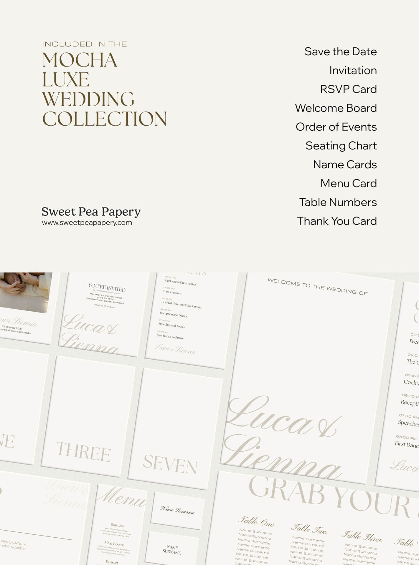 What’s included in the Mocha Luxe Wedding Collection showing save the dates, rsvps, wedding vow cards and full stationery suite, designed for a beautiful wedding using canva templates, canvas designs, and the save the date layouts from premium stationery stores.