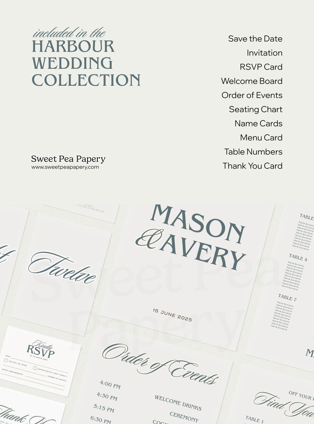 What’s included in the Harbour Wedding Collection showing save the dates, invitation, rsvps, seating chart, order of events, menu cards and thank you cards, perfect for a beautiful wedding using canva templates from modern stationery stores