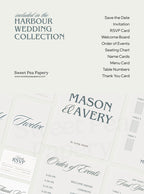 What’s included in the Harbour Wedding Collection showing save the dates, invitation, rsvps, seating chart, order of events, menu cards and thank you cards, perfect for a beautiful wedding using canva templates from modern stationery stores