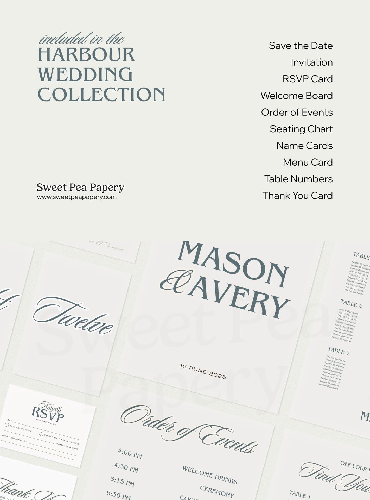 What’s included in the Harbour Wedding Collection showing save the dates, invitation, rsvps, seating chart, order of events, menu cards and thank you cards, perfect for a beautiful wedding using canva templates from modern stationery stores