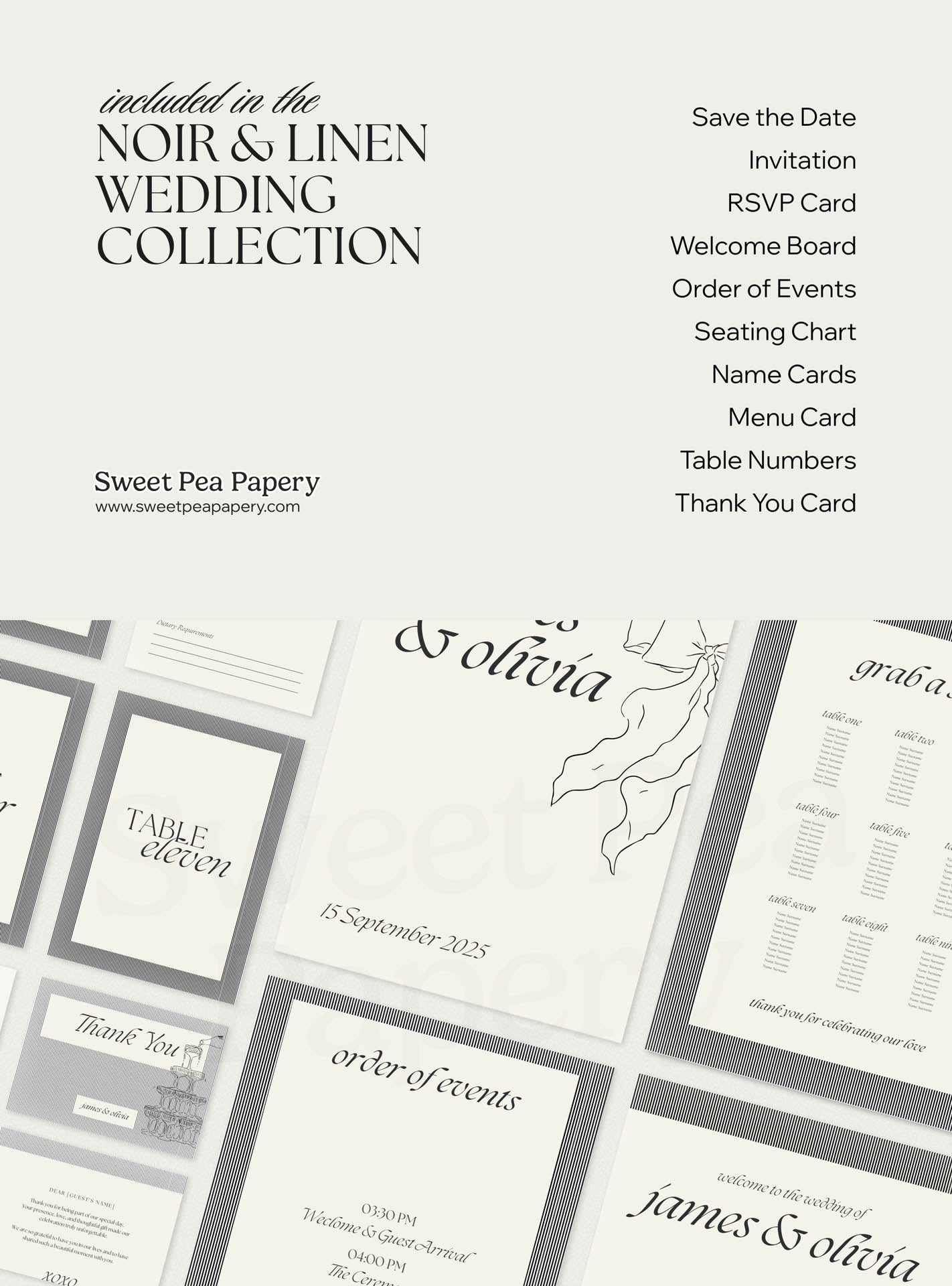 What’s included in the Noir & Linen Wedding Collection showing save the dates, invitation, rsvps, order of events, seating chart and thank you cards, designed for a beautiful wedding using canva templates, canvas designs and the save the date suite from modern stationery stores.