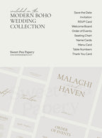 What’s included in the Modern Boho Wedding Collection showing save the dates, invitation, rsvps, welcome board, order of events, seating chart and thank you cards, designed for a beautiful wedding using canva templates, canva designs and premium stationery stores.