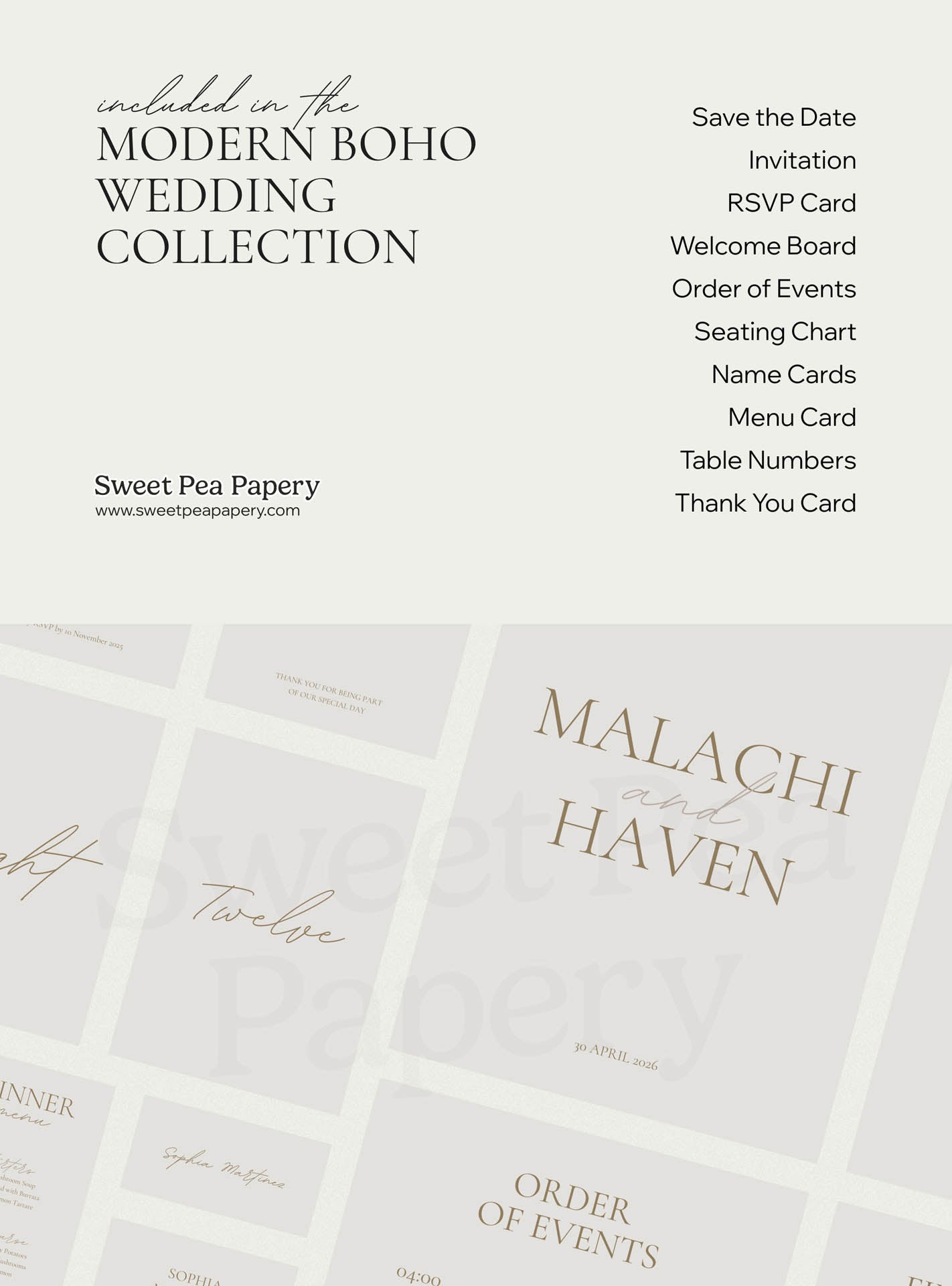 What’s included in the Modern Boho Wedding Collection showing save the dates, invitation, rsvps, welcome board, order of events, seating chart and thank you cards, designed for a beautiful wedding using canva templates, canva designs and premium stationery stores.