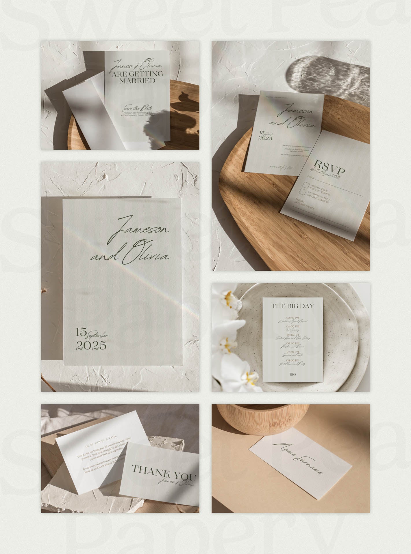 Beautiful wedding flat lay of save the date cards, rsvps and wedding vow stationery, showcasing gift wedding details, bridal vow typography, the save the date design style, love for story moments and editable canva templates.