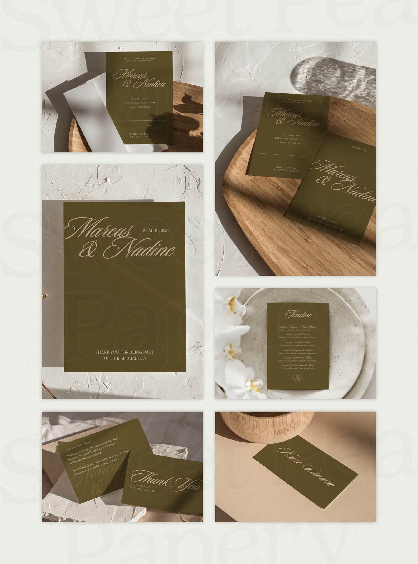 Full Olive Dreams wedding stationery grid featuring save the dates, wedding vow cards, bridal vow typography, rsvps and the save the date layouts, designed for a beautiful wedding and gift wedding stationery using canva templates.