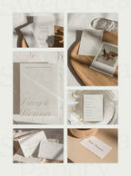 Full stationery grid of the Mocha Luxe Wedding Collection displaying save the dates, wedding vow cards, bridal vow stationery and rsvps, perfect for a gift wedding or wedding and wedding celebration, built as editable canva templates and powerpoint presentation templates.