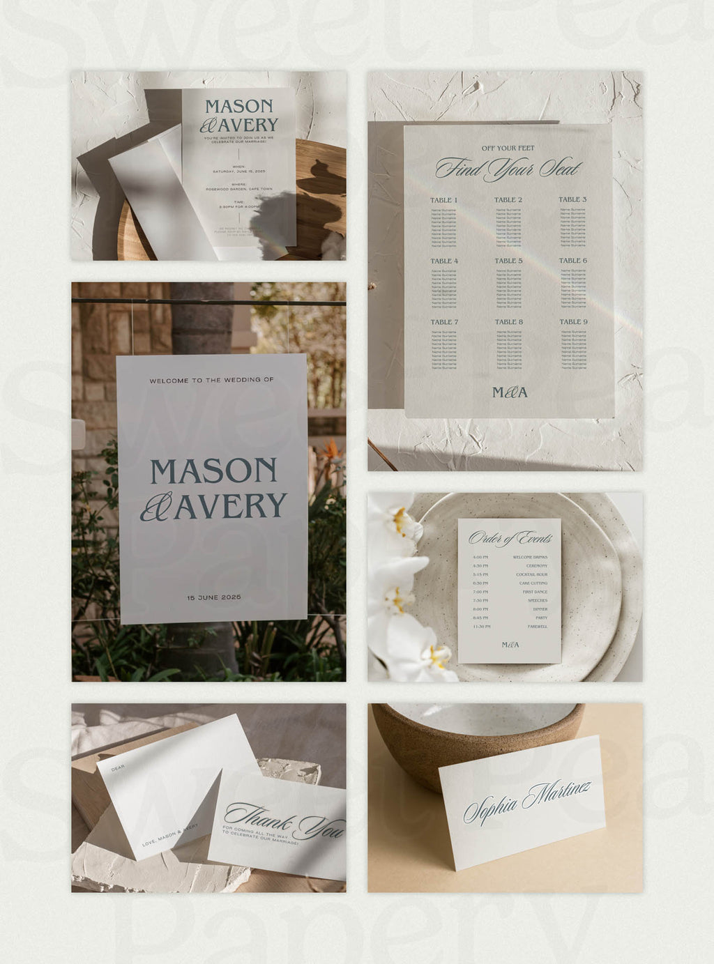 ull Stationery Grid of the Harbour Wedding Collection displaying save the dates, wedding vow cards, bridal vow stationery, rsvps and the save the date designs, styled for a beautiful wedding using canva templates, canvas designs, and stationery stores